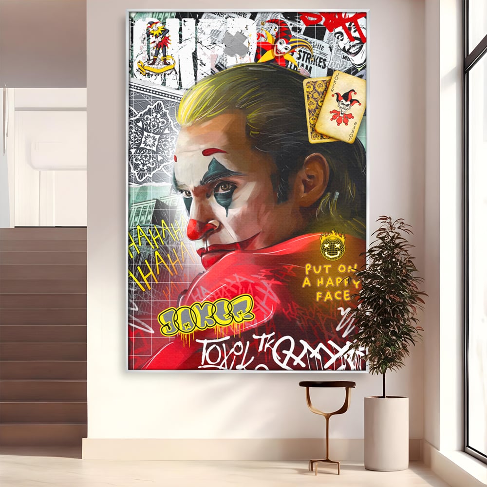 Tablou canvas cu tablou canvas cu portret joker, in rama de aluminiu argintiu